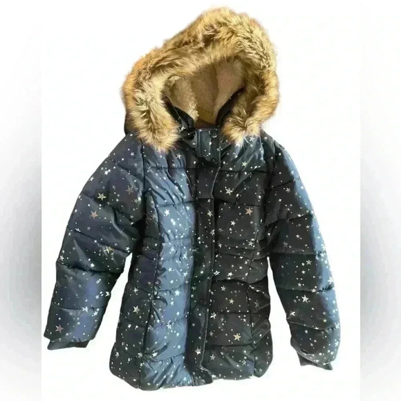 Toddler Puffer Girls Hooded Puffer Jacket 8 Navy Water Resistant Fleece - Picture 1 of 10